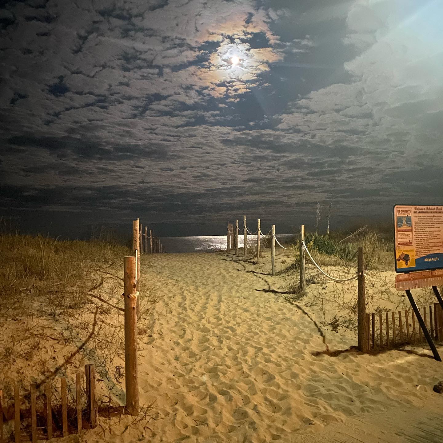 pathway to the beach at nighttime