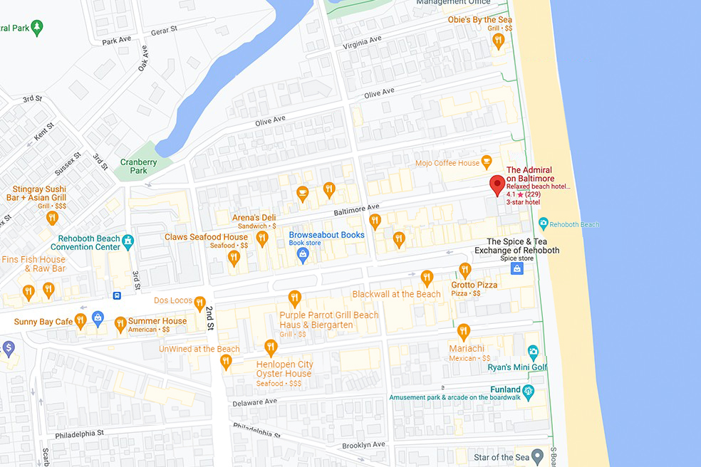 google map highlighting the different attractions around the admiral Hotel